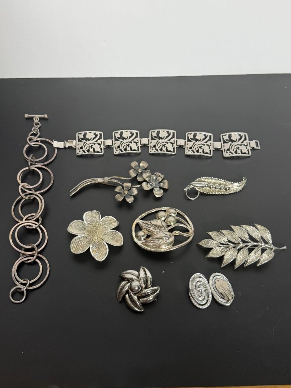 Vintage Botanical Silver Tone Mixed Lot Brooch, Earrings, Bracelet 10pc